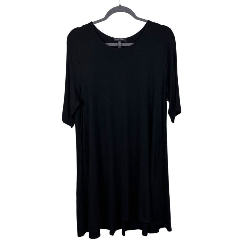 EILEEN FISHER Black Jersey Shift Dress Viscose Spandex Asymmetrical hem Size lar